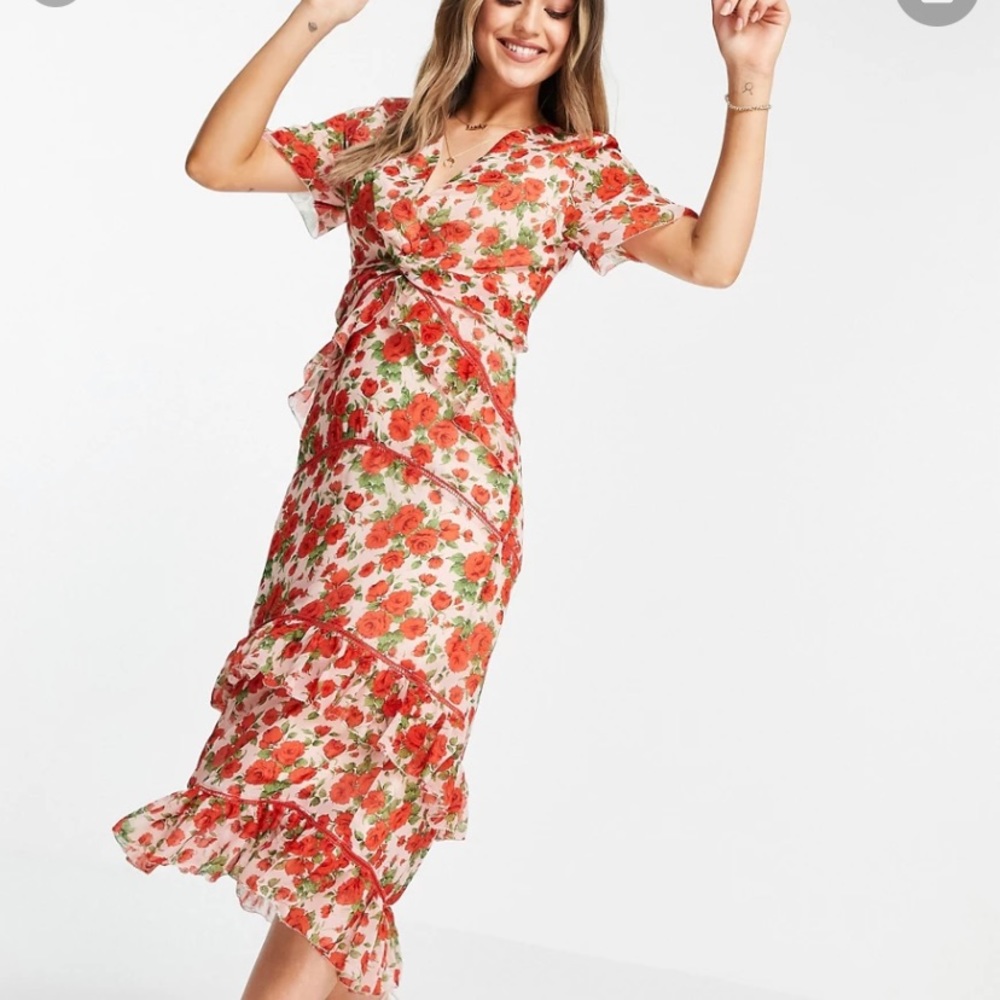 Hope & Ivy Liberty Fabric Tiered Frill Midi Dress Poppy Print in Red 16